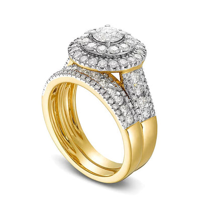 2.0 ct. Gesamtgewicht Diamant-Brautset mit doppeltem Rahmen und dreireihigem Design in 10K Gelbgold