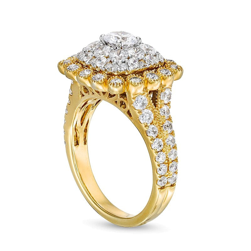 2.0 ct. Gesamtgewicht Verlobungsring im Vintage-Stil mit Diamanten im Kissenschliff und rund in 10K Gelbgold