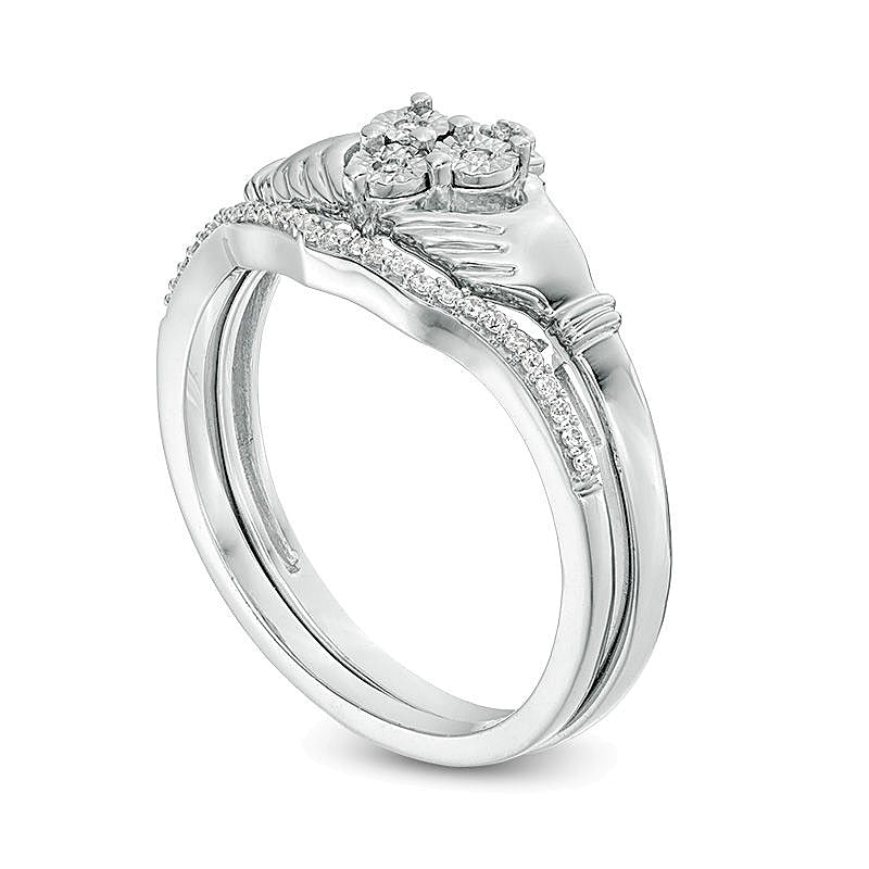 0.1 ct. Gesamtgewicht Diamant Claddagh Brautset in rhodiniertem Sterlingsilber