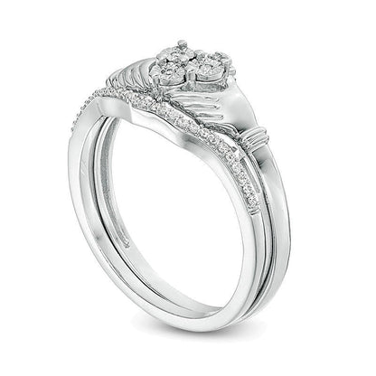 0.1 ct. Gesamtgewicht Diamant Claddagh Brautset in rhodiniertem Sterlingsilber