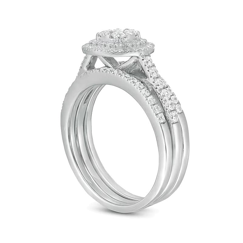 1.0 CT. Gesamtgewicht Komposit-Diamant Brautset im Vintage-Stil mit doppeltem Rahmen aus 10K Weißgold