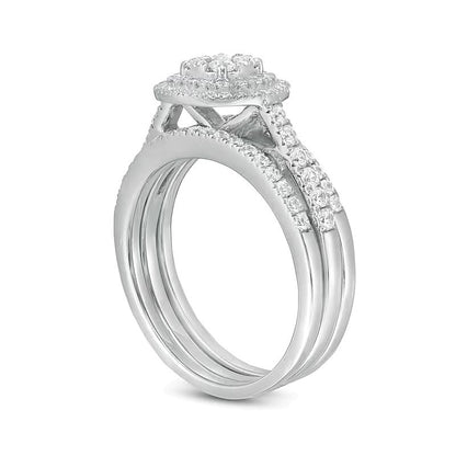 1.0 CT. Gesamtgewicht Komposit-Diamant Brautset im Vintage-Stil mit doppeltem Rahmen aus 10K Weißgold