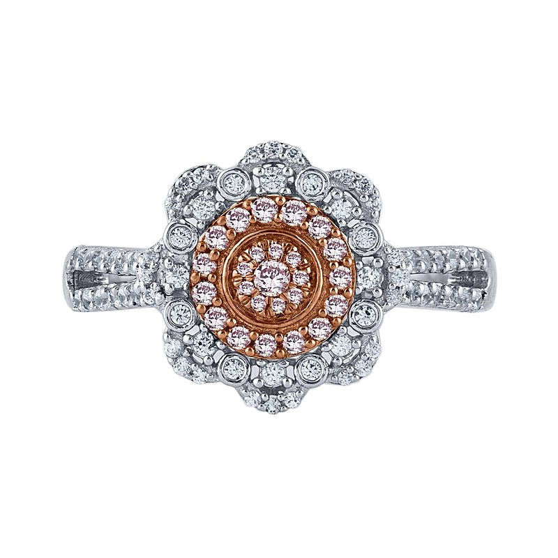 0.5 CT. Gesamtgewicht Ring mit rosa und weißen Diamanten und Blütenfassung aus 10K Bicolor-Gold