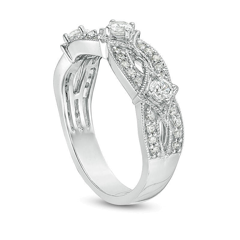 Memoire-Ring mit Diamanten im Dreistein-Design, 0.5 ct. Gesamtgewicht, im Vintage-Stil, aus 14K Weißgold