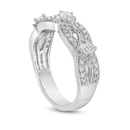 Memoire-Ring mit Diamanten im Dreistein-Design, 0.5 ct. Gesamtgewicht, im Vintage-Stil, aus 14K Weißgold