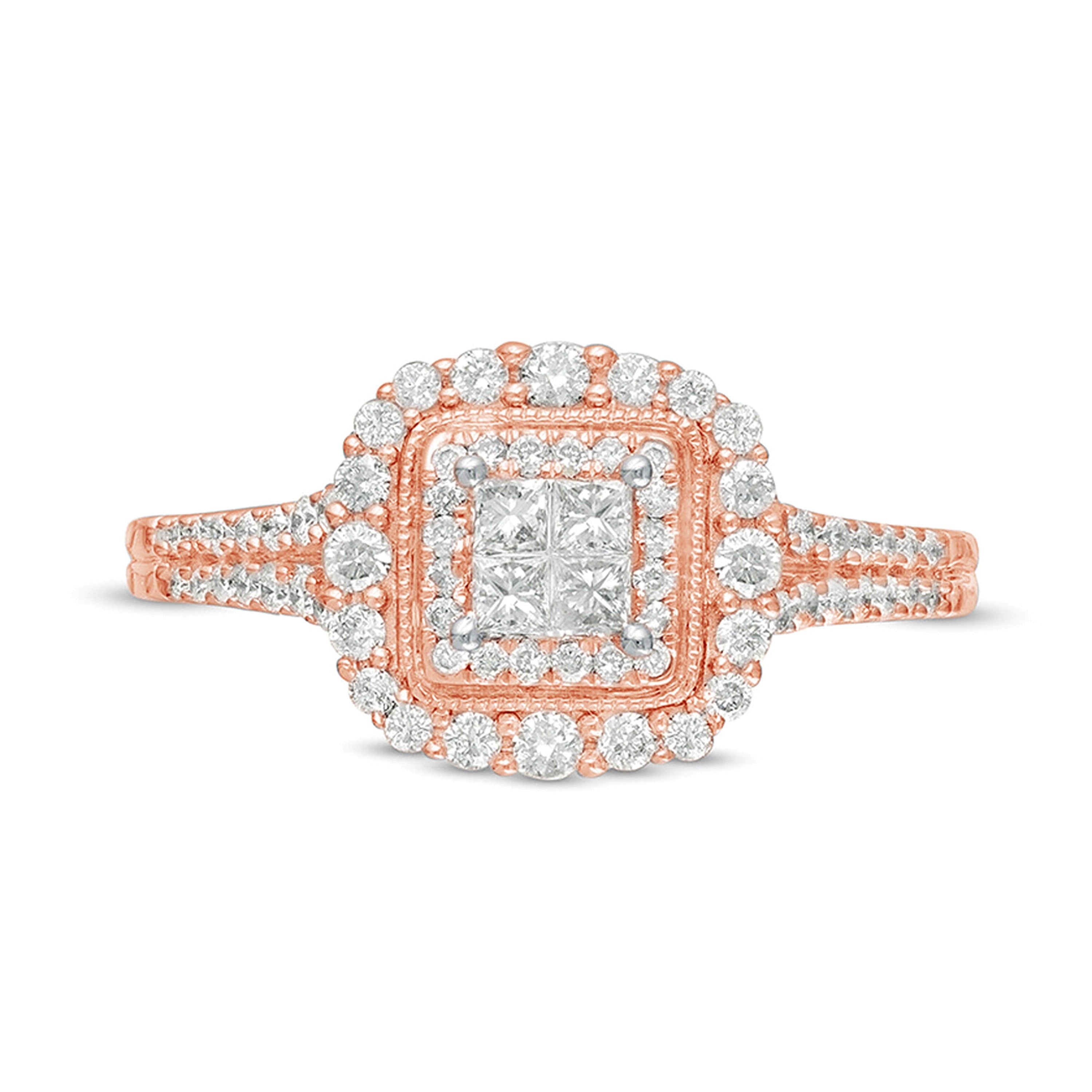 0.5 CT. Gesamtgewicht Halo-Verlobungsring im Vintage-Stil mit Diamanten im Princess-Schliff in 10K Roségold