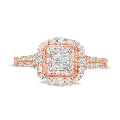 0.5 CT. Gesamtgewicht Halo-Verlobungsring im Vintage-Stil mit Diamanten im Princess-Schliff in 10K Roségold