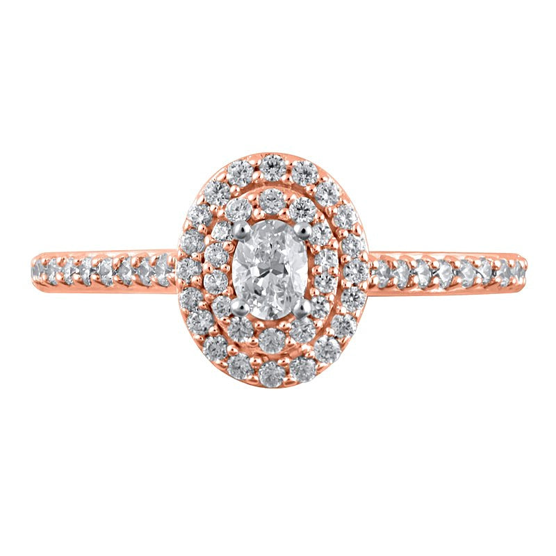 0,5 ct. Gesamtgewicht Verlobungsring mit ovalem Diamant und doppeltem Halo in 10K Roségold