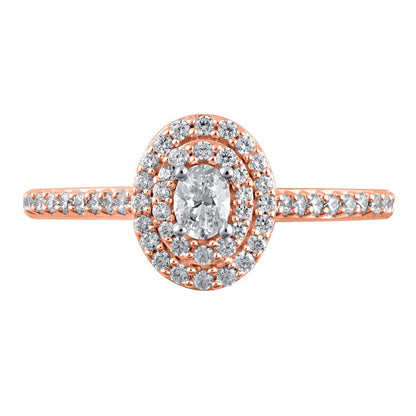 0,5 ct. Gesamtgewicht Verlobungsring mit ovalem Diamant und doppeltem Halo in 10K Roségold