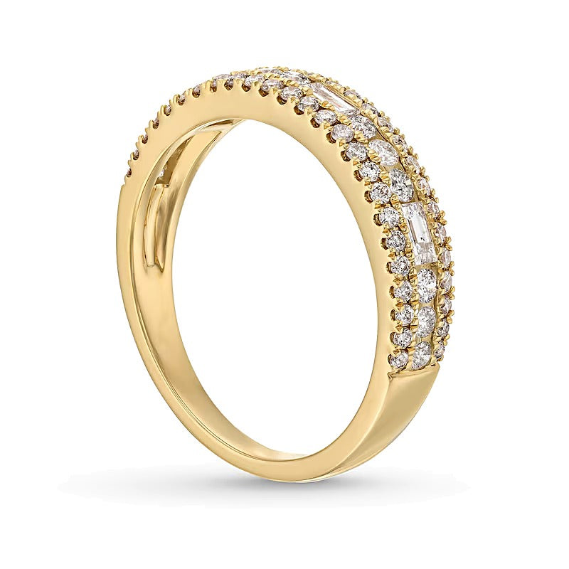 0.63 ct. Gesamtgewicht Memoire-Ring mit Baguette- und runden Diamanten, dreireihig, in 14K Gelbgold