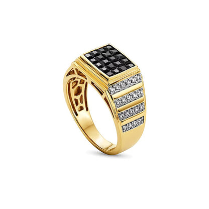 1,5 ct. Gesamtgewicht Fashion-Ring mit schwarzen und weißen Diamanten im Princess-Schliff, mehrreihig, in 10K Gelbgold