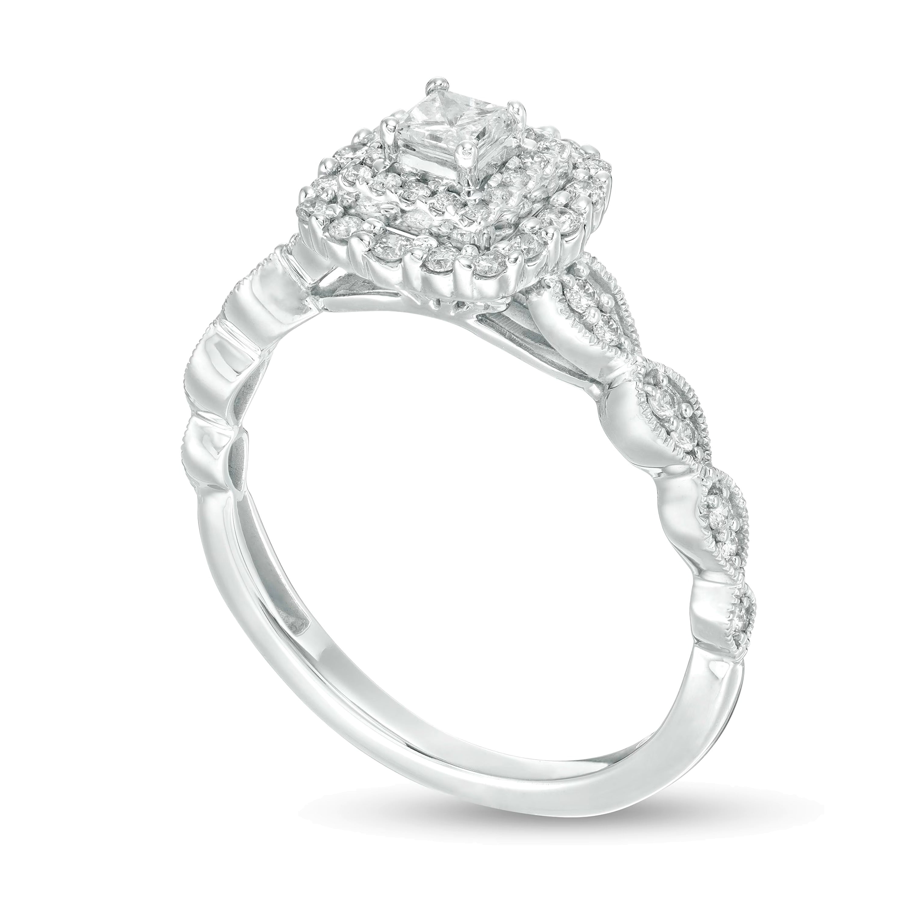 0.38 ct. Gesamtgewicht Verlobungsring mit Diamanten im Princess- und Rundschliff, Halo, im Art-déco-Vintage-Stil, in 10K Weißgold