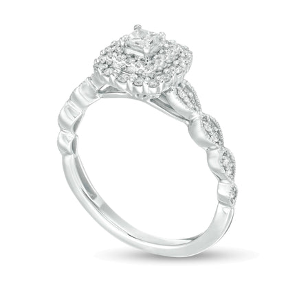 0.38 ct. Gesamtgewicht Verlobungsring mit Diamanten im Princess- und Rundschliff, Halo, im Art-déco-Vintage-Stil, in 10K Weißgold