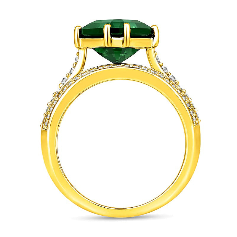 Fashion-Ring mit Labor-Smaragd im Octagon-Schliff und weißen Labor-Saphiren, mehrreihig, in 14K Weißgold