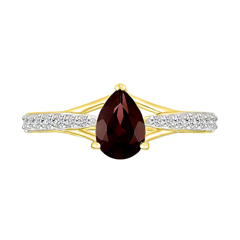 Fashion-Ring mit Granat im Tropfenschliff und weißen Labor-Saphiren rund in 10K Gelbgold