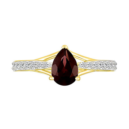 Fashion-Ring mit Granat im Tropfenschliff und weißen Labor-Saphiren rund in 10K Gelbgold