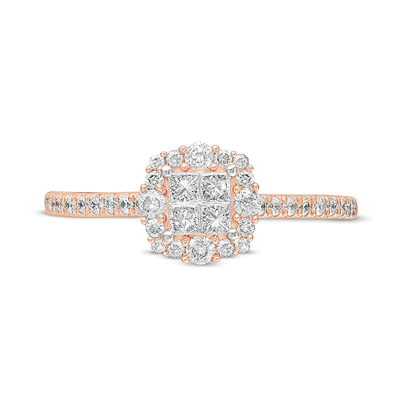 0.38 ct. Gesamtgewicht Verlobungsring mit Diamanten im Princess- und Rundschliff, Halo, in 10K Roségold