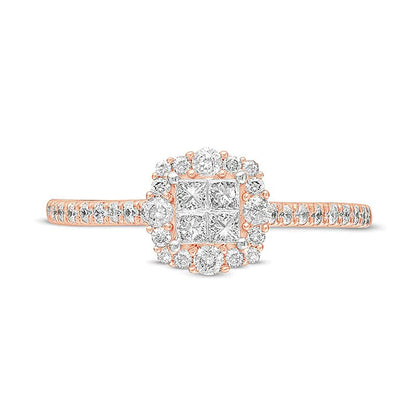 0.38 ct. Gesamtgewicht Verlobungsring mit Diamanten im Princess- und Rundschliff, Halo, in 10K Roségold