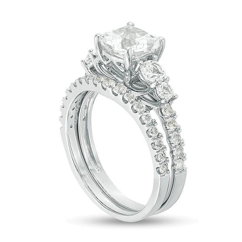 Braut-Set mit weißem Saphir im Kissenschliff 7,0mm (Labor) in rhodiniertem Sterlingsilber