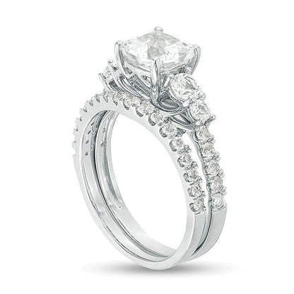 Braut-Set mit weißem Saphir im Kissenschliff 7,0mm (Labor) in rhodiniertem Sterlingsilber