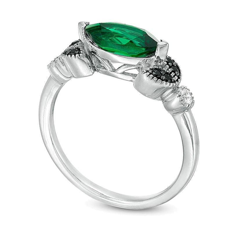 Fashion-Ring Blätter mit Marquise-Smaragd (Labor) und 0,1 ct. Gesamtgewicht behandelten schwarzen und weißen Diamanten in 10K Weißgold