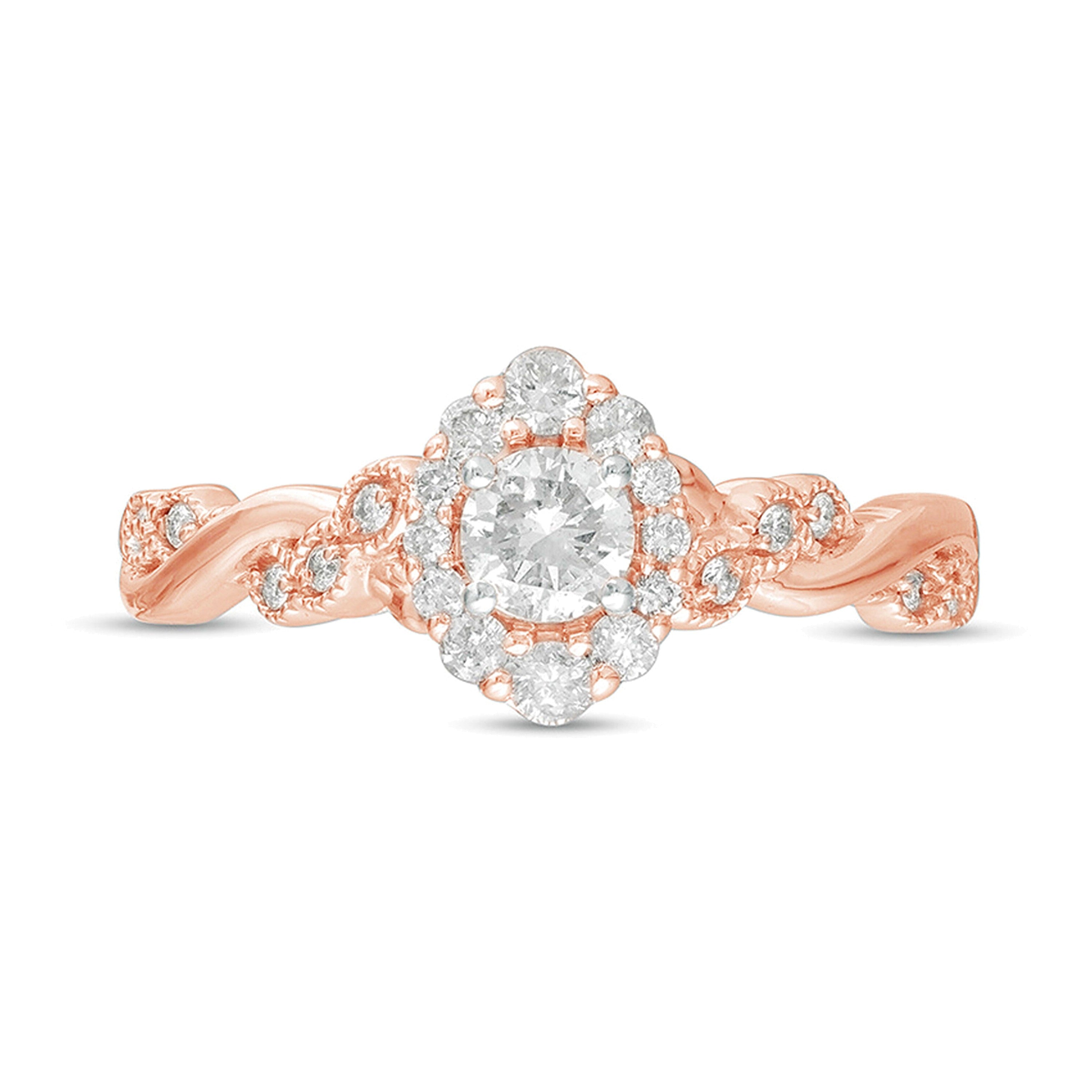 Verlobungsring mit Halo im Vintage-Stil und gedrehter Ringschiene, 0.5 CT. Gesamtgewicht Diamant in 10K Roségold