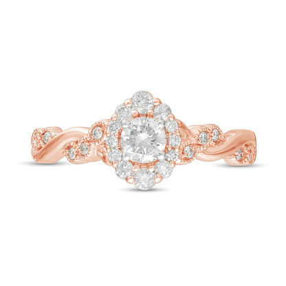 Verlobungsring mit Halo im Vintage-Stil und gedrehter Ringschiene, 0.5 CT. Gesamtgewicht Diamant in 10K Roségold