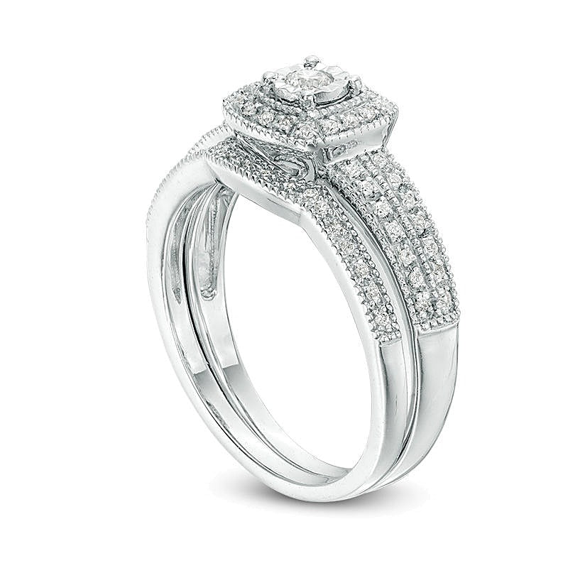 0,2 ct. Gesamtgewicht Diamant Brautset im Vintage-Stil mit Kissenschliff-Rahmen in 10K Weißgold