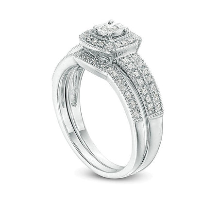 0,2 ct. Gesamtgewicht Diamant Brautset im Vintage-Stil mit Kissenschliff-Rahmen in 10K Weißgold