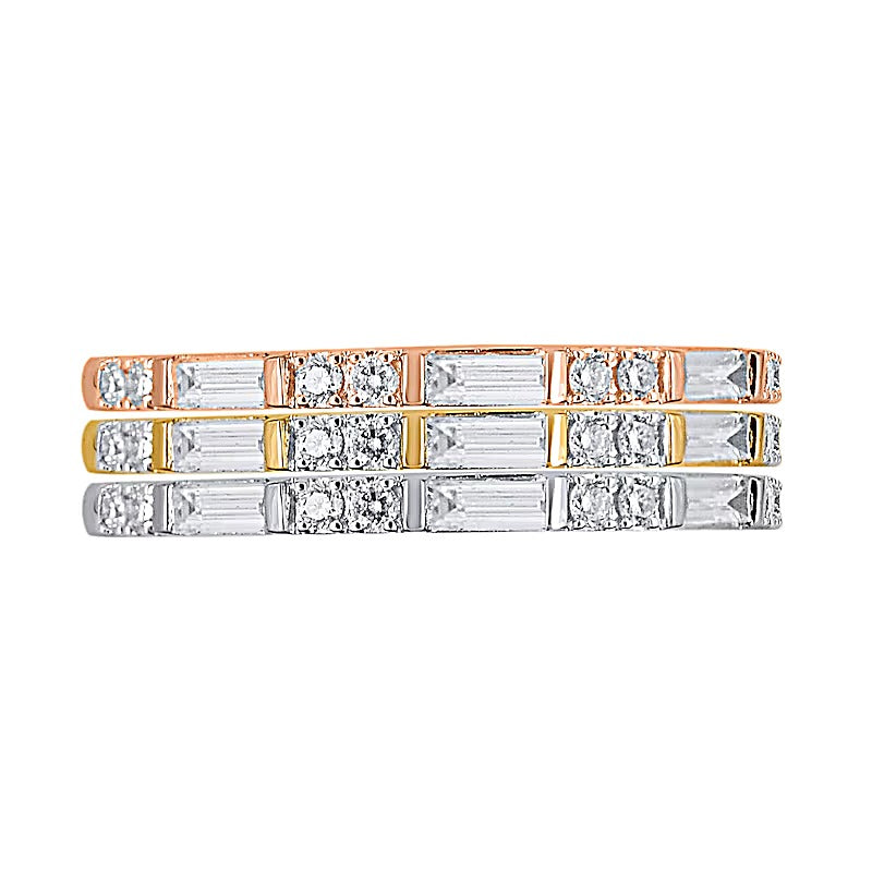0,38 ct. Gesamtgewicht Baguette- und runde Diamanten Duo Ring-Set dreiteilig stapelbar aus Sterlingsilber in Two-Tone rhodiniert