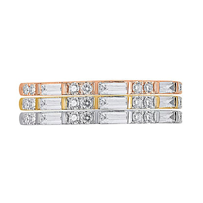 0,38 ct. Gesamtgewicht Baguette- und runde Diamanten Duo Ring-Set dreiteilig stapelbar aus Sterlingsilber in Two-Tone rhodiniert