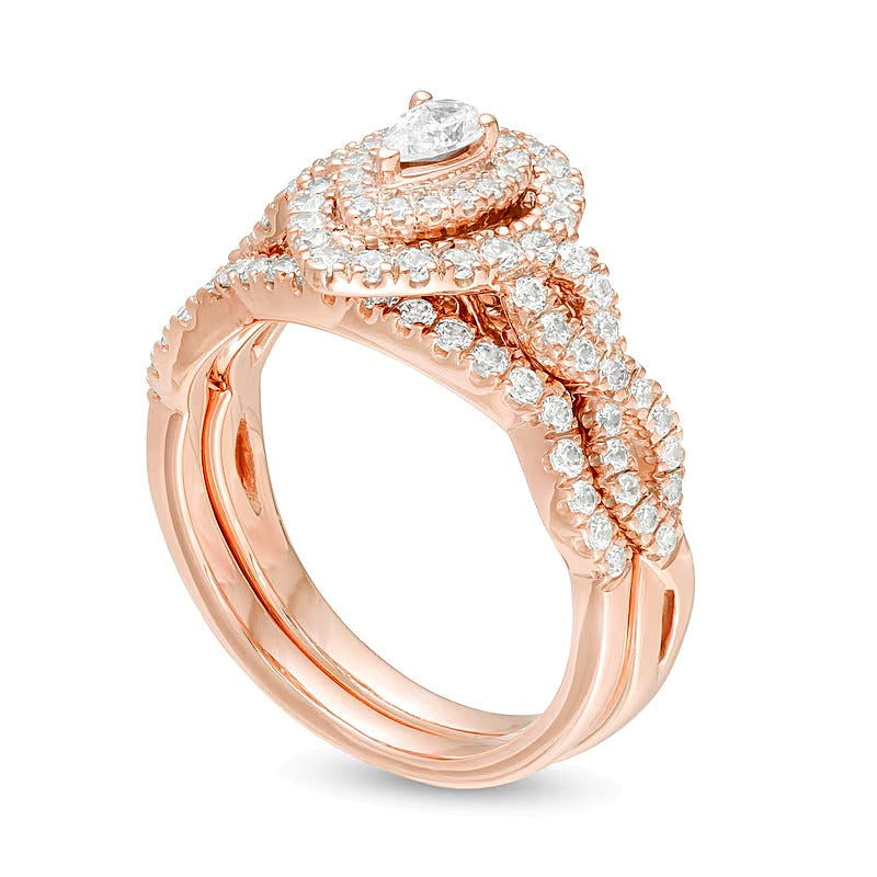 1.0 ct. Gesamtgewicht Braut-Set mit tropfenförmigen Diamanten und doppeltem Rahmen in 14K Roségold