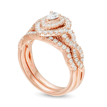 1.0 ct. Gesamtgewicht Braut-Set mit tropfenförmigen Diamanten und doppeltem Rahmen in 14K Roségold
