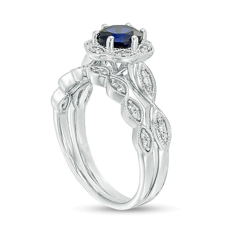 6,0 mm Braut-Set mit blauem Labor-Saphir und 0,2 ct. Gesamtgewicht Diamanten in 10K Weißgold