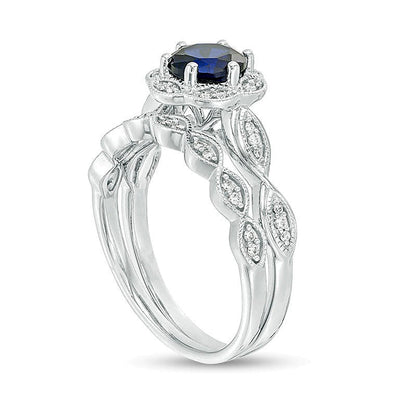 6,0 mm Braut-Set mit blauem Labor-Saphir und 0,2 ct. Gesamtgewicht Diamanten in 10K Weißgold