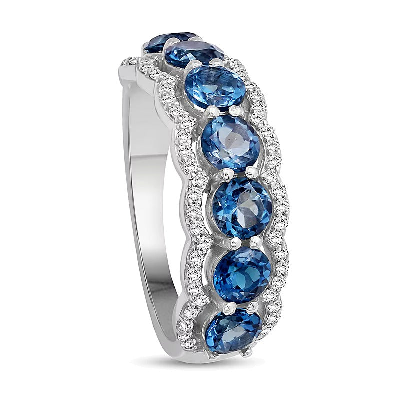 4,0mm London Blue Topas und weißer Zirkon Fashion-Ring mit sieben Steinen aus rhodiniertem Sterlingsilber