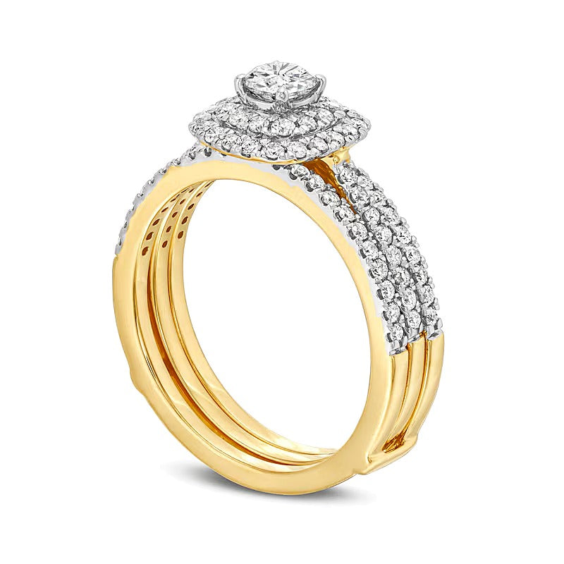 Brautset mit Diamanten 1.0 ct. Gesamtgewicht, rund, mehrreihig mit doppeltem Rahmen, in 10K Gelbgold