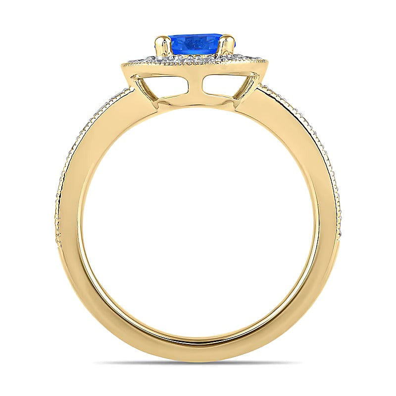 6,0 mm blauer Saphir und Labordiamant 0,38 ct. Gesamtgewicht Halo-Ring im Vintage-Stil in 14K Gelbgold
