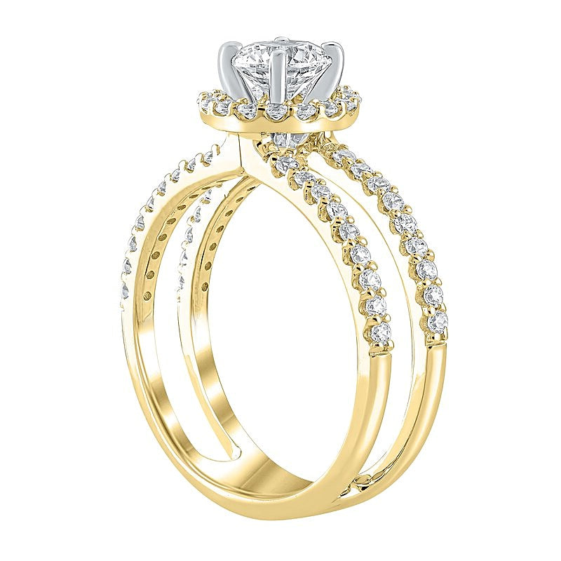 1.2 CT. Gesamtgewicht Diamant Halo-Verlobungsring mit doppelreihiger offener Schiene in 14K Gelbgold (I/I2)