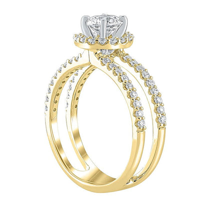 1.2 CT. Gesamtgewicht Diamant Halo-Verlobungsring mit doppelreihiger offener Schiene in 14K Gelbgold (I/I2)