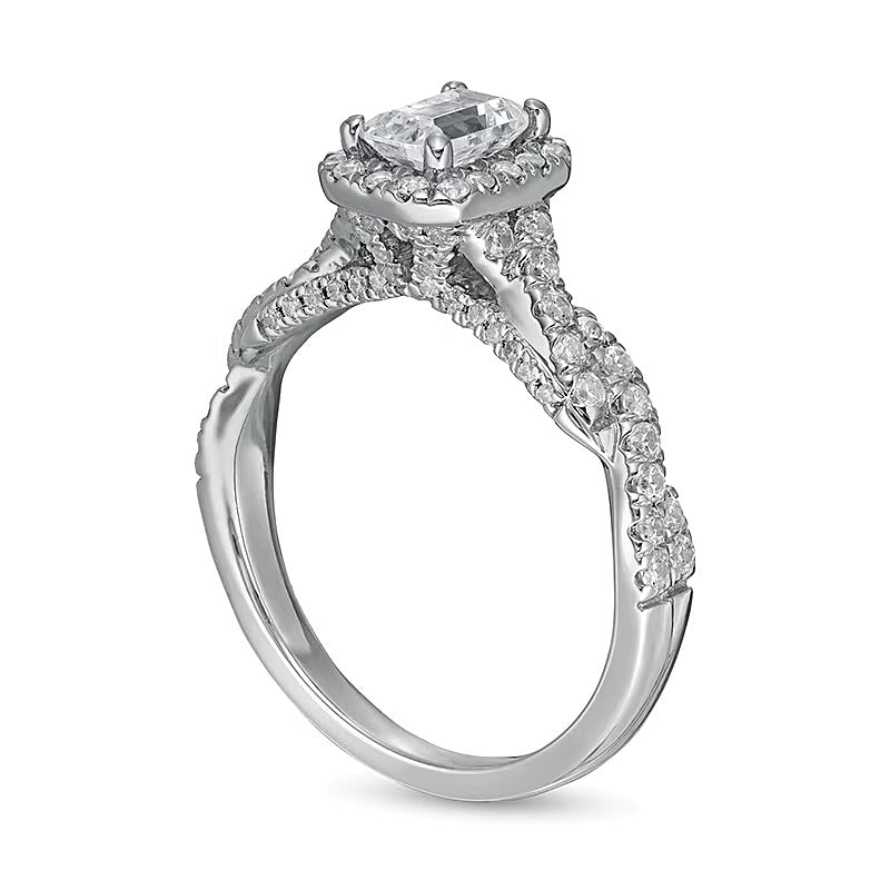 Halo-Verlobungsring mit Diamant im Smaragdschliff 1.0 ct. Gesamtgewicht in 14K Weißgold