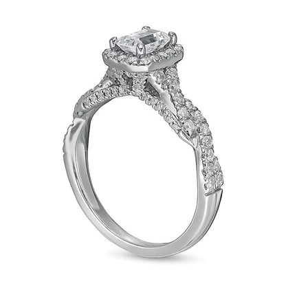 Halo-Verlobungsring mit Diamant im Smaragdschliff 1.0 ct. Gesamtgewicht in 14K Weißgold