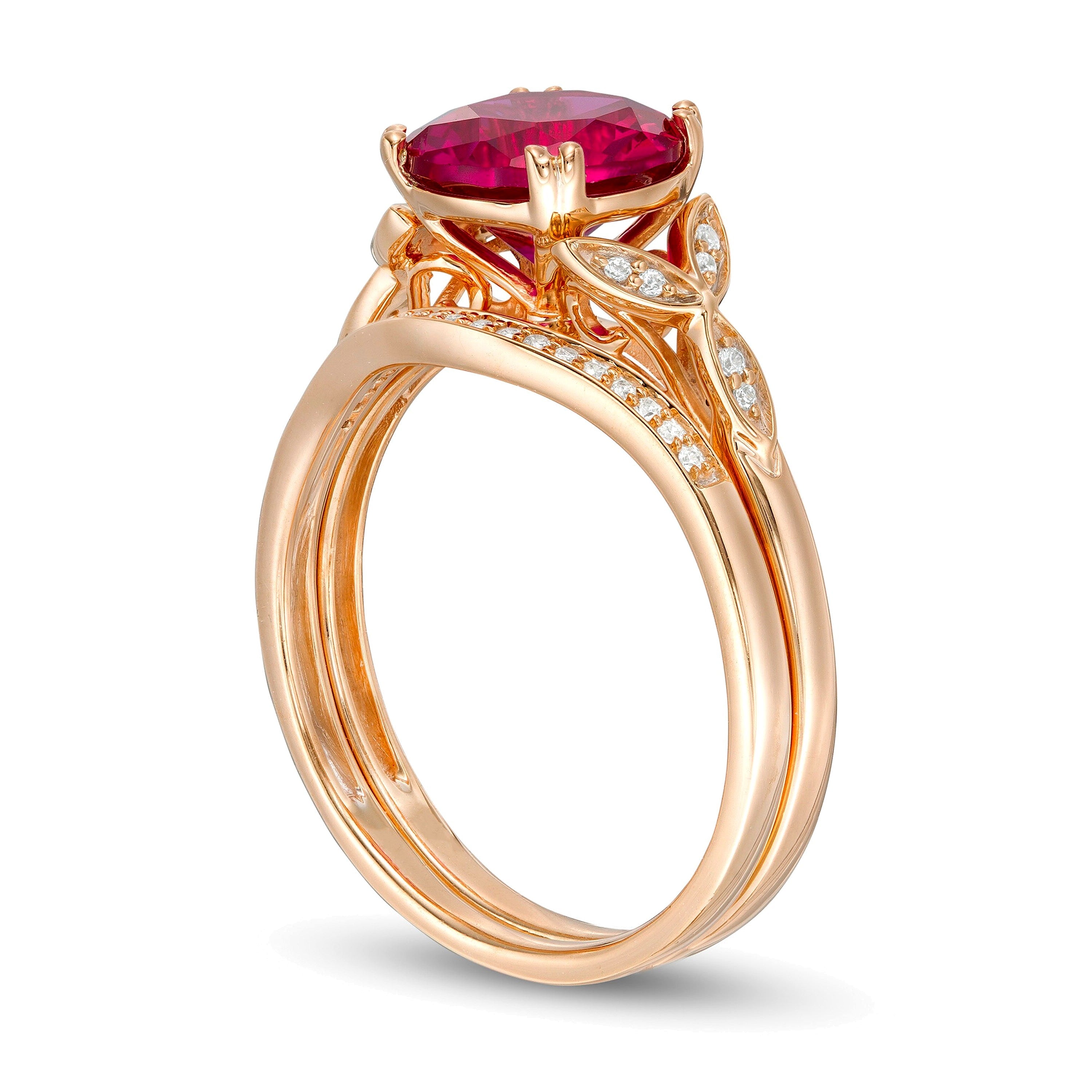8,0mm Labor-Rubin und 0,1 ct. Gesamtgewicht Diamant Brautset mit Blattseiten in 10K Roségold