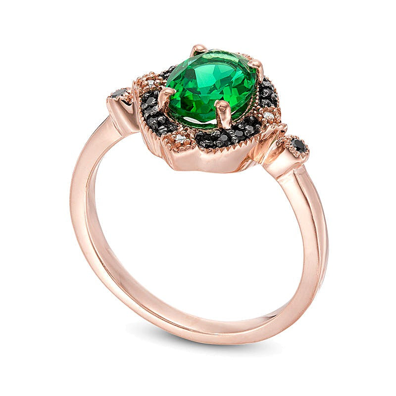 Halo-Ring mit ovalem Labor-Smaragd und 0,07 ct. Gesamtgewicht behandelten schwarzen und weißen Diamanten in 10K Roségold