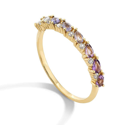 Ring mit Amethyst, Tansanit und weißem Saphir im Tropfenschliff in 10K Gelbgold