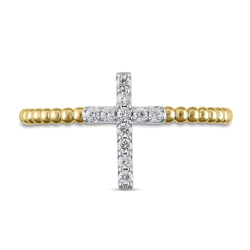 Fashion-Ring mit Diamant-Kreuz und Perlschiene 0.1 ct. Gesamtgewicht in 10K Gelbgold