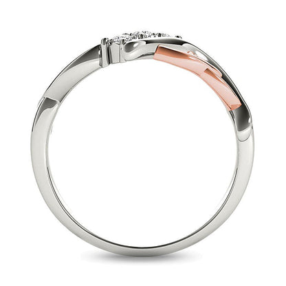 Dreistein-Ring mit Bypass und Herzen mit Diamanten 0.1 CT. Gesamtgewicht in 14K Weißgold und Roségold-Rhodium