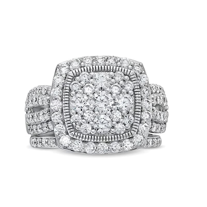 Vintage-Braut-Set mit Diamanten-Rahmen in Kissenschliff, geteiltem Ringkopf, 2.0 ct. Gesamtgewicht, in 10K Weißgold