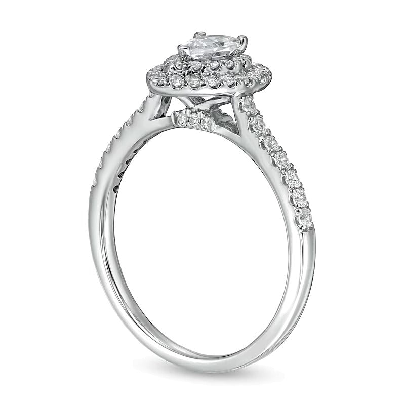 0.88 ct. Gesamtgewicht Verlobungsring mit tropfenförmigem Diamant und doppeltem Halo in 10K Weißgold (I/I2)