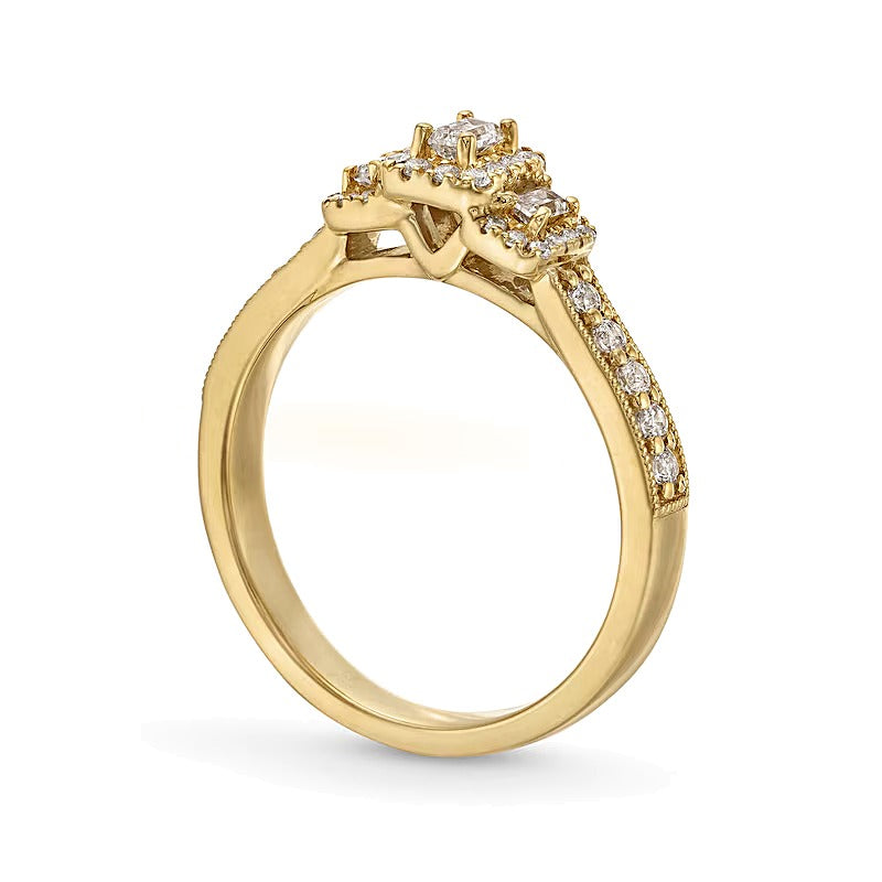 Dreistein-Verlobungsring mit Diamant im Smaragdschliff und Baguette-Diamanten 0.5 CT. Gesamtgewicht in 14K Gelbgold